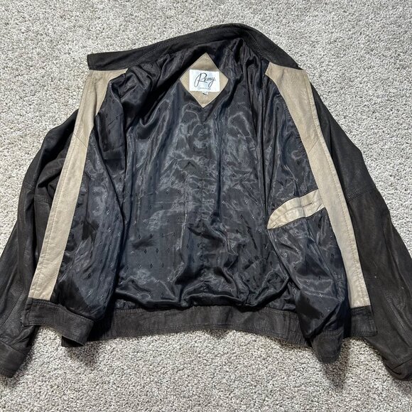 Remy Mens Black Leather Jacket Size 44 USA Made Zip Front Pockets & Elastic Wais - Picture 8 of 13